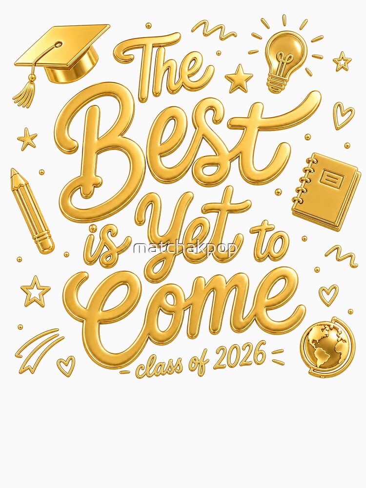Class of 2026, The Best Is Yet to Come, Graduation Cap Doodles, Senior, Gold Type 3D by matchakpop