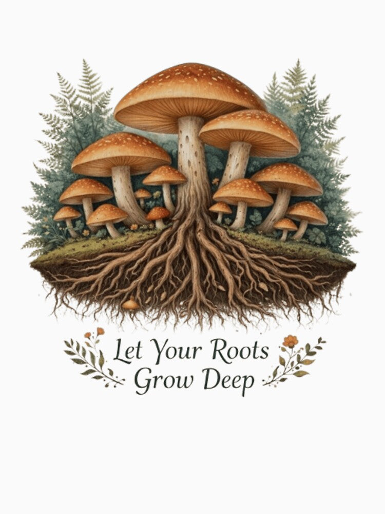 Let Your Roots Grow Deep – Vintage Mushroom Forest Illustration | Cottagecore Nature Quote | Botanical Aesthetic Graphic Tee by GloboStyle Design