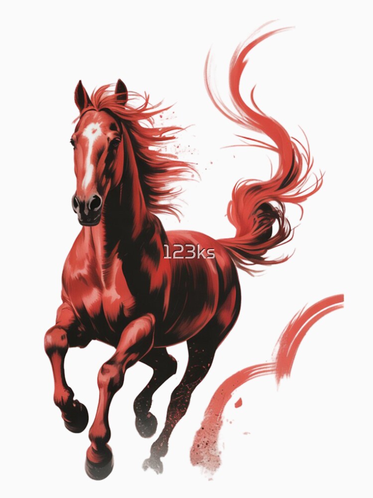A dynamic digital painting of a red horse galloping by 123ks