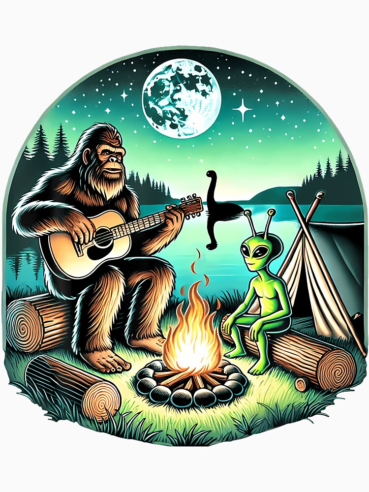 Alien And Bigfoot Loch Ness Campfire Sasquatch Guitar by desuyomoskov7