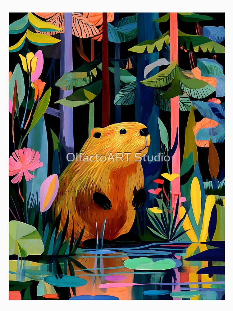 Explore Nature's Renewal with a Vibrant Beaver Amidst a Lush Colorful Forest and Pond by OlfactoART Studio
