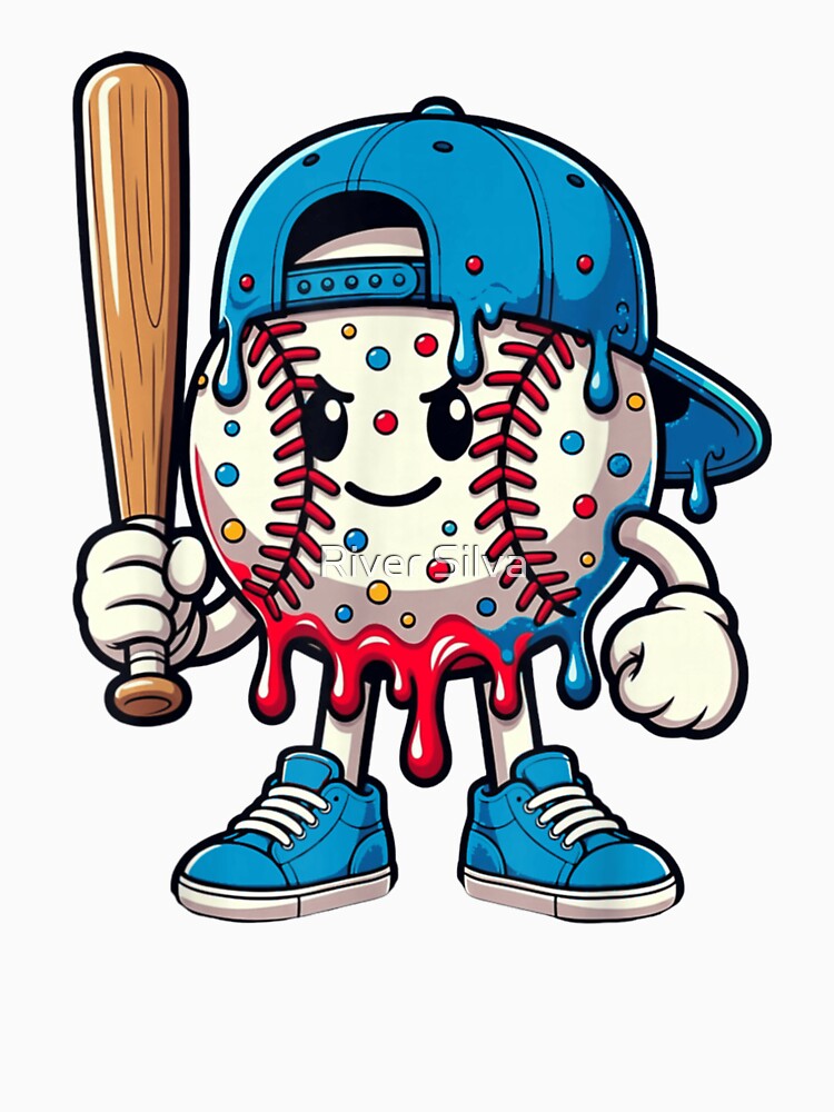 Grumpy Baseball Cartoon Character Wearing Blue Cap Holding Wooden Sports Bat by River Silva