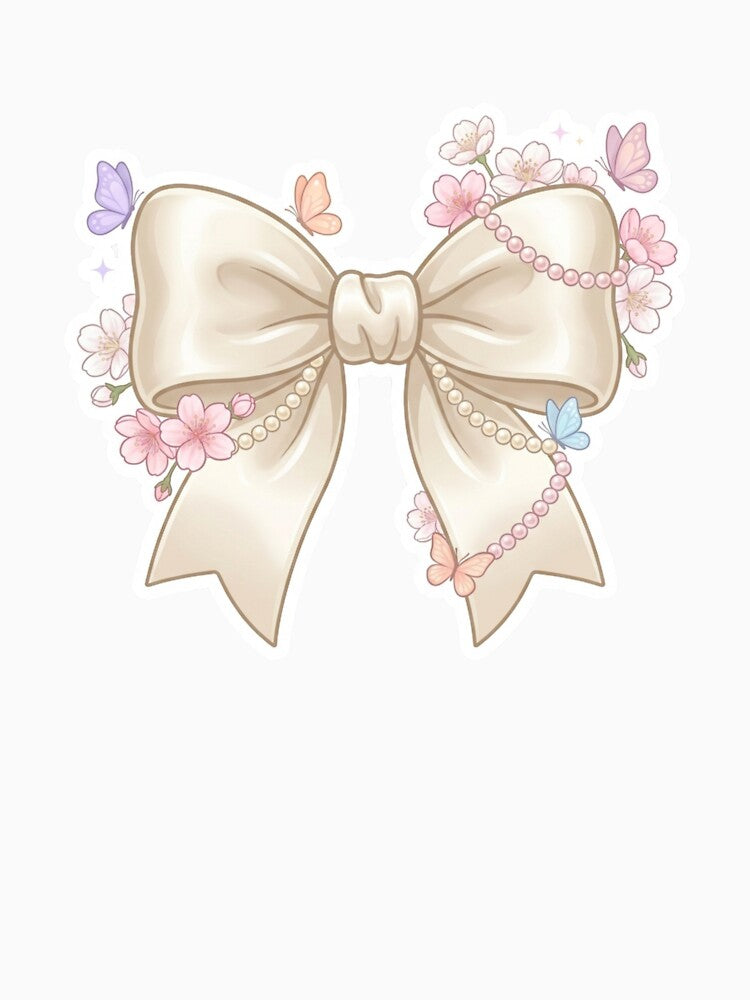 Cute Coquette Cream Bow Sticker with Cherry Blossoms, Pearls & Butterflies - Kawaii Sakura Floral Design by ethnicdigital