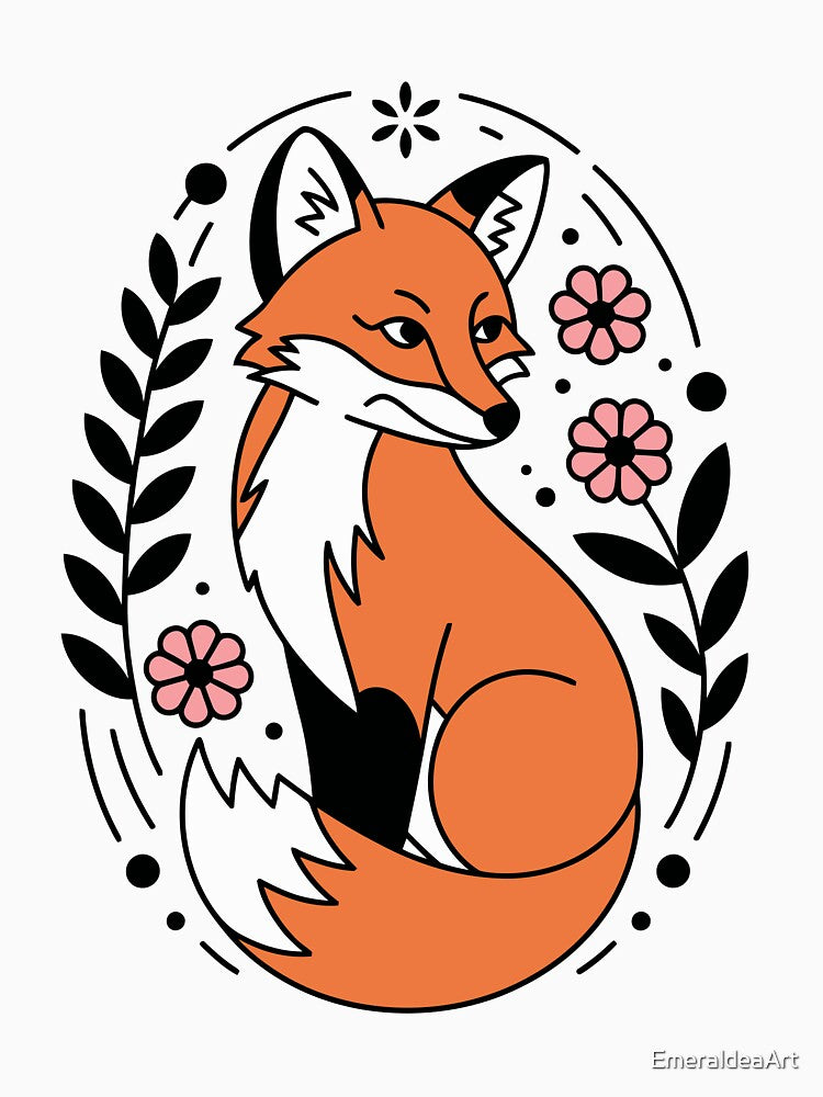 Floral Fox Portrait – Oval Frame Flat Vector Illustration by EmeraldeaArt