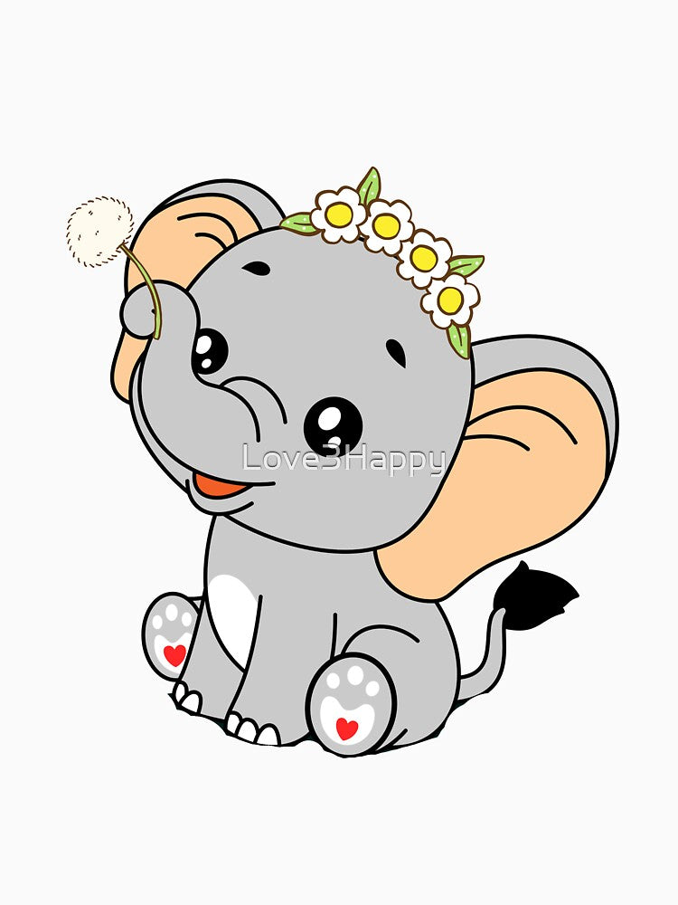 Baby Elephant with Dandelion - Cute Elephant with Flower Crown and Heart Feet by Love3Happy