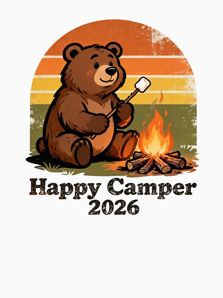 Vintage Happy Camper 2026 Retro Bear Campfire by  Bold Border Studio.
