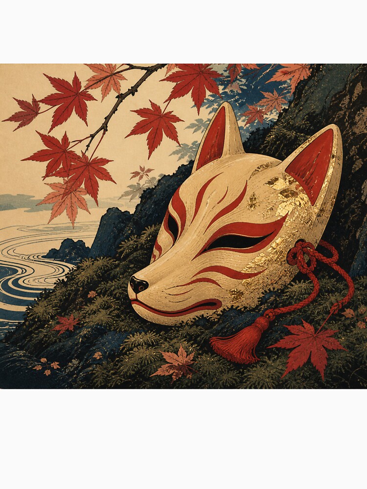 Kitsune Mask - Vintage Ukiyo-e Japanese Folklore Woodblock by bapupa