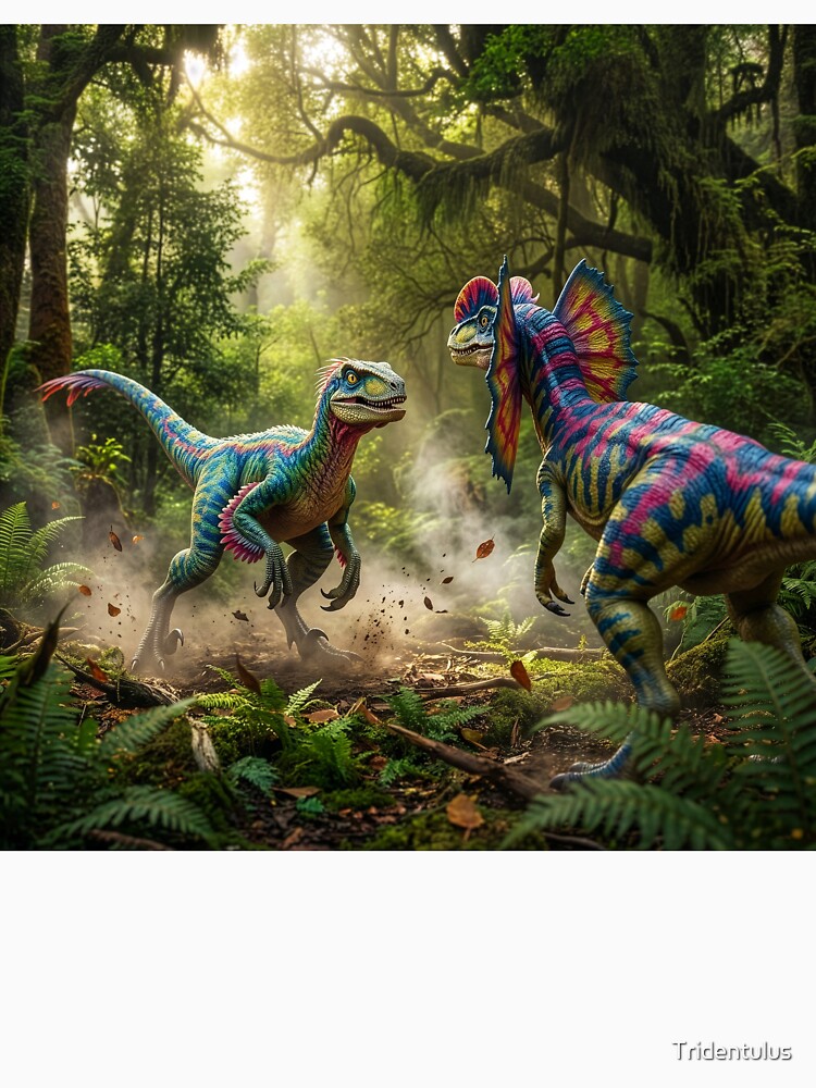 Velociraptor meets a Frilled Dilophosaurus in Primordial Forest by Tridentulus