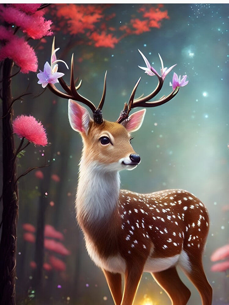Deer with flowers on its antlers flowers around him deer surrounded by flowers by Whimsy Bu