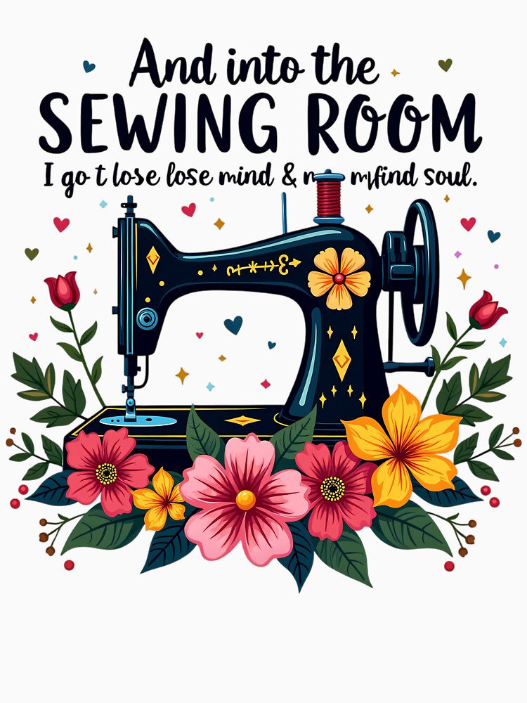 The sewing machine is in the center of the image and is surrounded by colorful flowers, leaves, and needles by vamskul