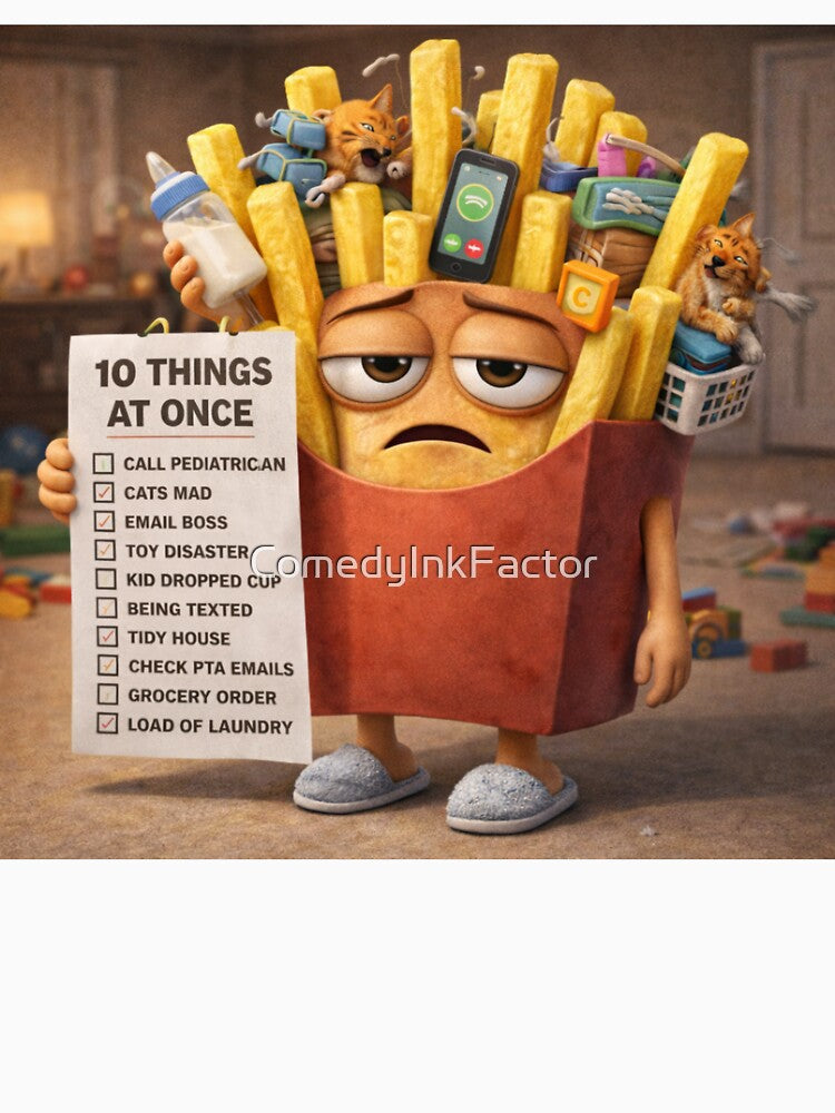Overstimulated Parent Fries – 10 Things At Once Funny 3D Burnout Humor by ComedyInkFactor