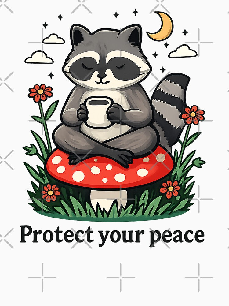 Raccoon drinking coffee with the phrase “Protect Your Peace” by LuloCreative