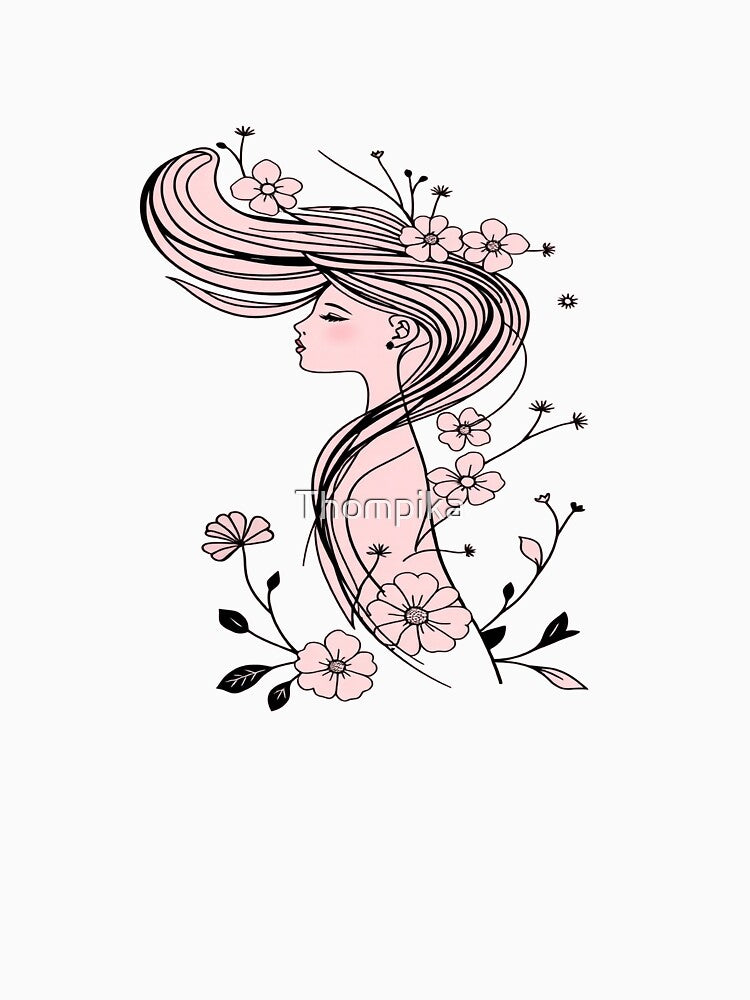 Floral Line Art Girl – Minimalist Feminine Elegance by Thompika