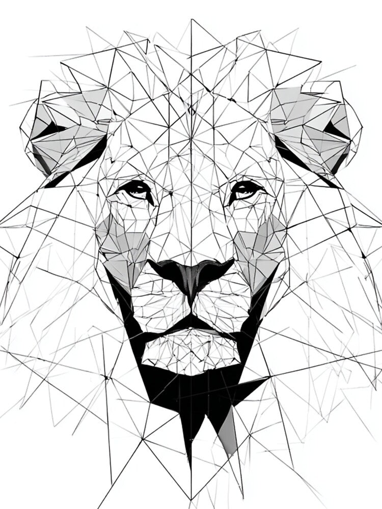Geometric Lion Face Mirror Art | Minimalist Black and White by TypoArtPrints
