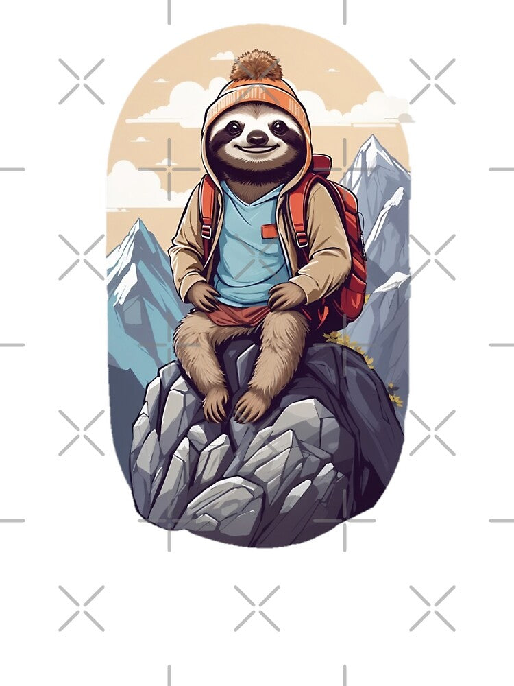 Smiling young sloth cub hiking in the mountains cartoon comic art graphic for kids by CedricNorbinho