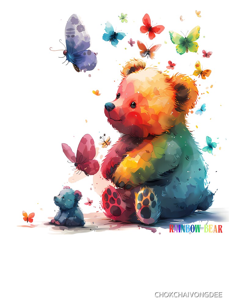 Rainbow cute bear, Bear custom, Teddy Bear funny with Butterflies of many colors by CHOKCHAIVONGDEE