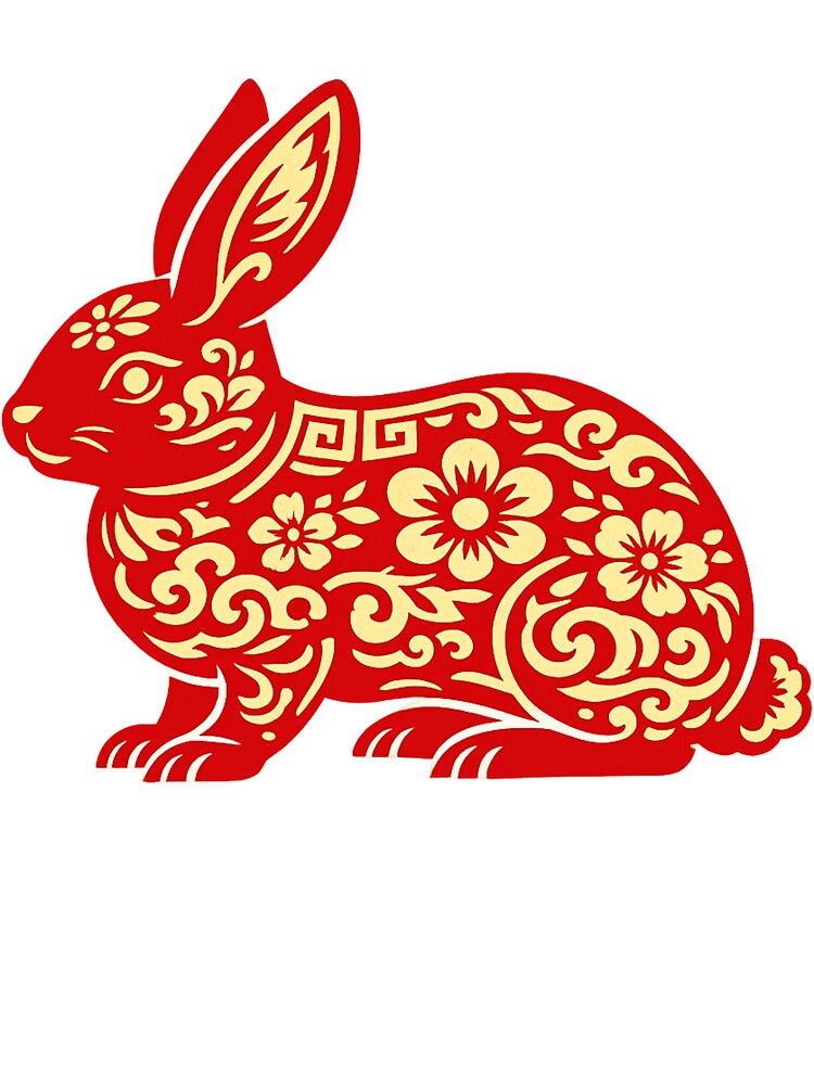 Lunar New Year Rabbit Zodiac Papercut Art, Red Gold Chinese New Year Rabbit Illustration, Year of the Rabbit Design by Vendeloc