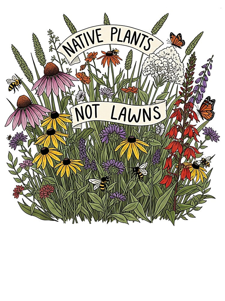 Native Plants Not Lawns Illustration with Wildflowers and Bees by SholoStudio