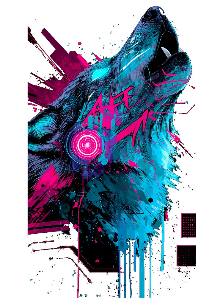 Cyber-Wolf Neon Graffiti - Futuristic Gaming Streetwear by etuvibes