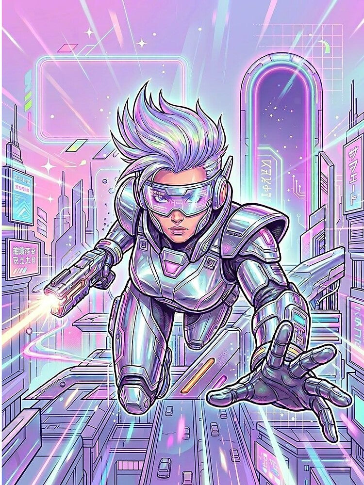 Y3K Futuristic Chrome Cyber Girl Dynamic Action Art by GrabaHuk