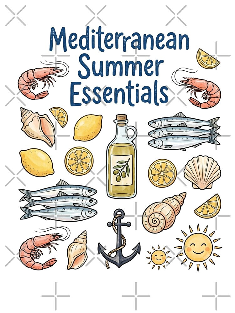 Mediterranean Summer Essentials Shirt - Cute Italian Coastal Collage Graphic Tee - Retro Seafood and Citrus T-Shirt, Sardine Shrimp Lemon Apparel, Euro Summer Gift by justyna-s28