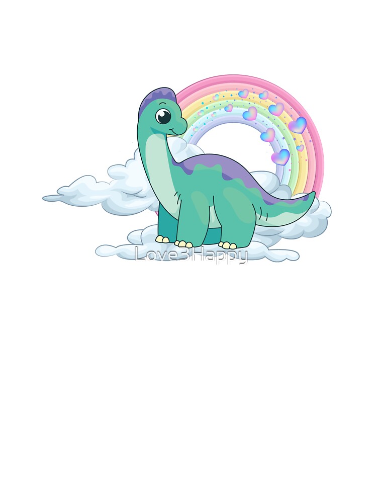Gentle Dinosaur - Cute Teal Brontosaurus on Clouds with Rainbow by Love3Happy
