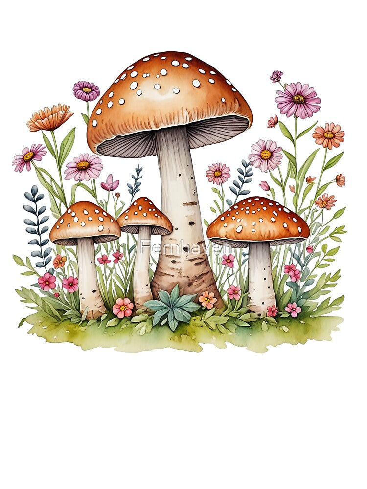 Whimsical Mushroom Garden | Watercolor Woodland Art | Cottagecore Mushroom Illustration | Enchanted Forest Decor | Botanical fantasy by Fernhaven