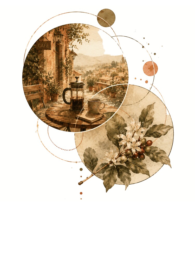 Italian Cafe Morning - Vintage French Press & Coffee Botanical Art by BrewmarkStudio
