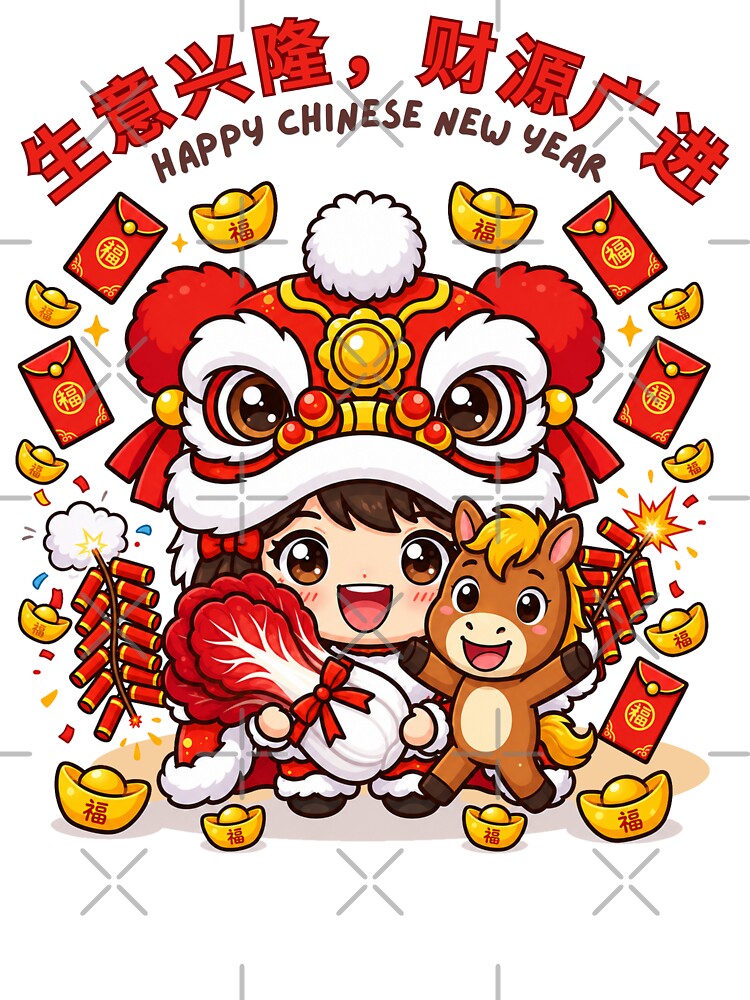 Happy Chinese New Year Horse 2026 – Cute Lion Dance & Lucky Horse Illustration | Prosperity & Wealth by Beeform