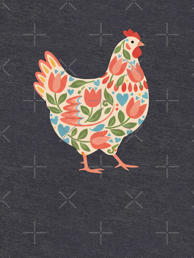 Tulip Chicken with Blue Hearts – Scandinavian Folk Art by heidiannemorris © by FOLK ART FUSION by heidiannemorris