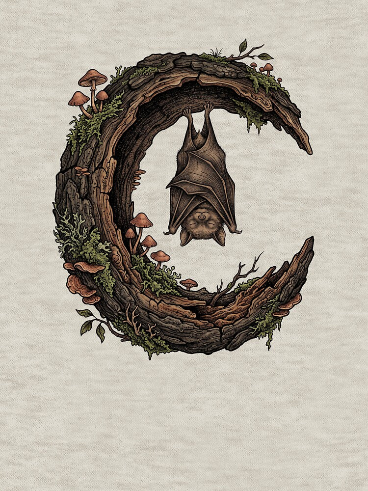 Vintage Sleeping Bat Mossy Crescent Moon Woodland Art by Ortsas