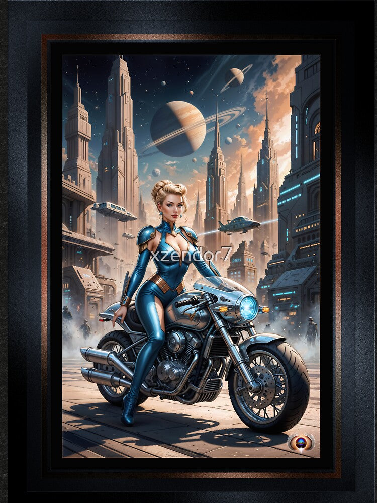 Ylara Fynra Poised On Her Jaxtor M113 In Caelum City Alluring AI Concept Art by Xzendor7 by Xzendor7 Digital Art Creations