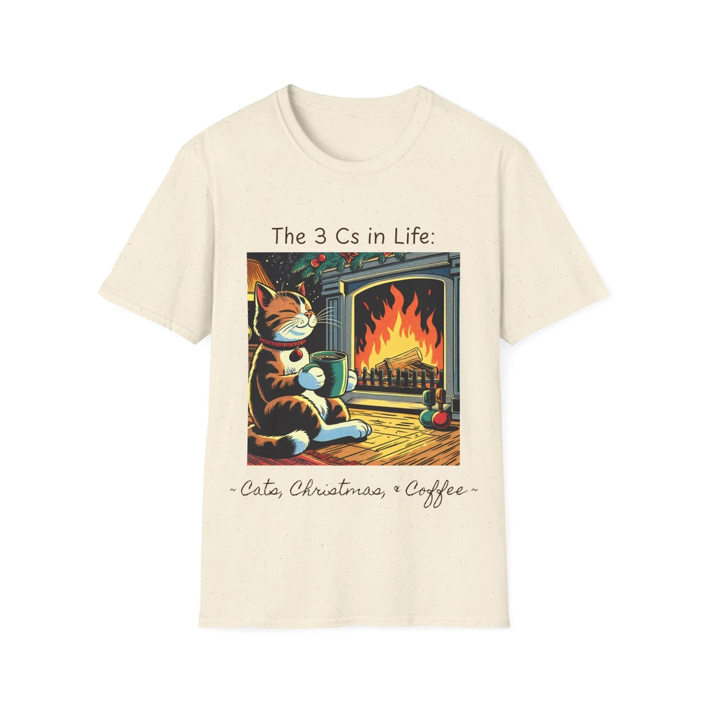 Cats, Christmas, and Coffee comic style illustration; Unisex Cotton T-Shirt