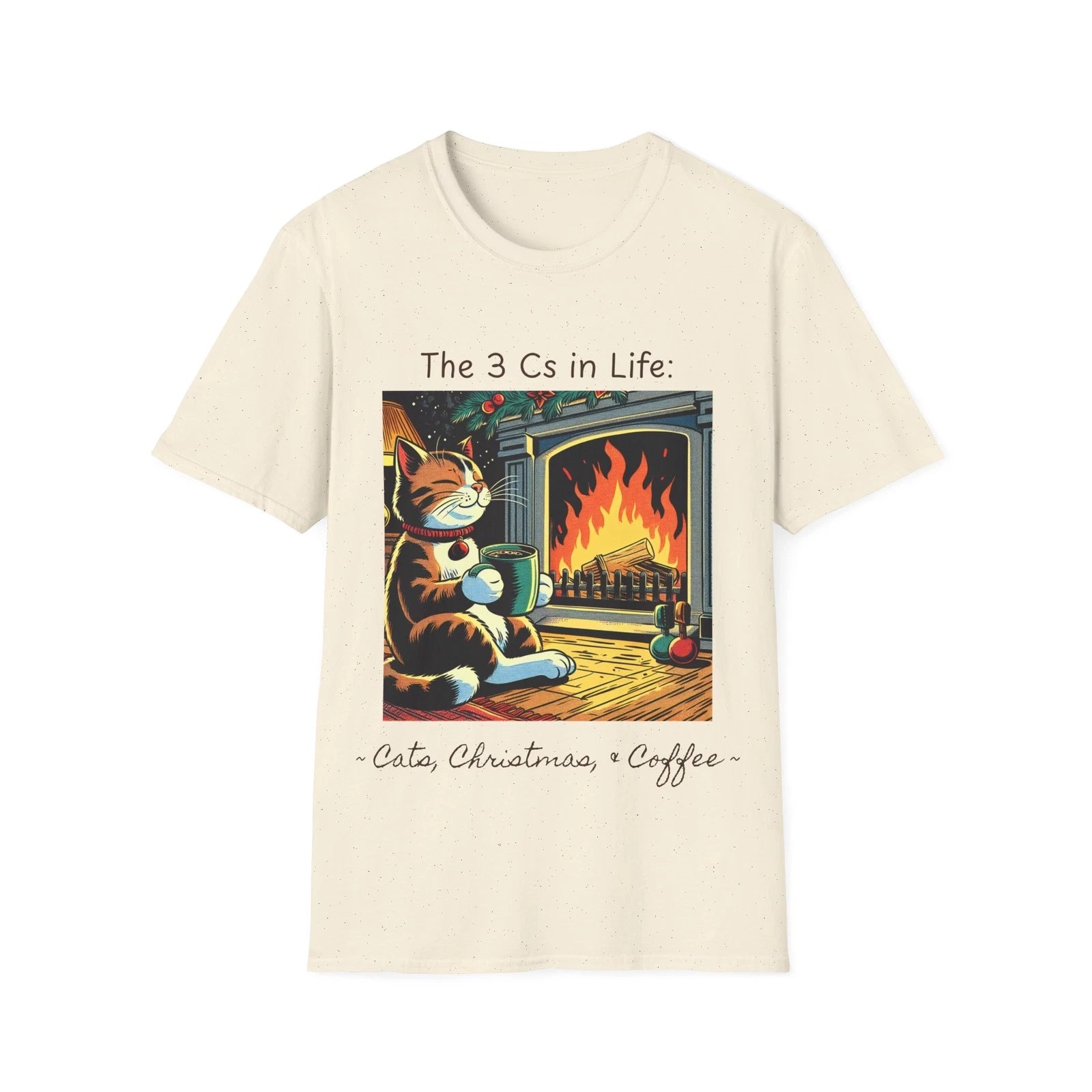 Cats, Christmas, and Coffee comic style illustration; Unisex Cotton T-Shirt