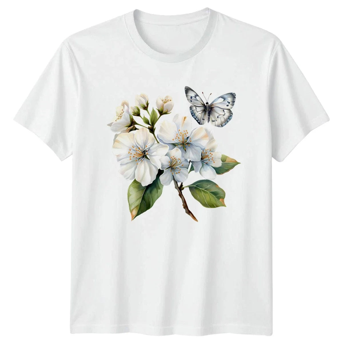 White Flowers Butterflies Nature Floral Unisex Mens Womens Graphic Tee Shirt