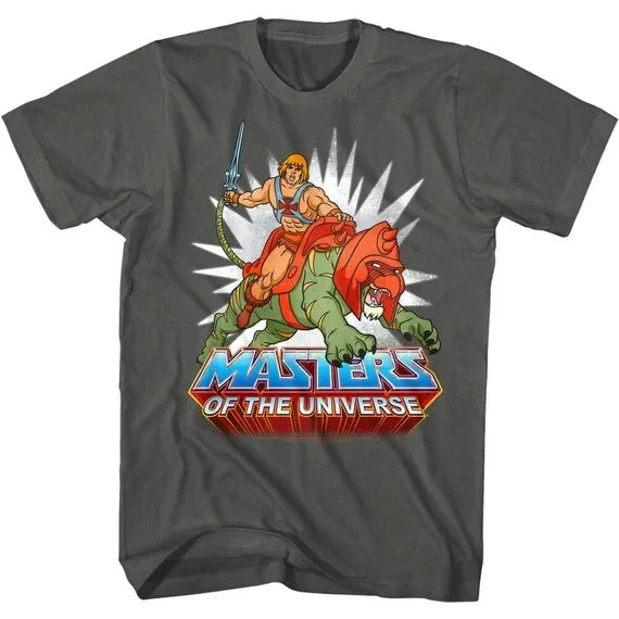 HE-MAN w/BATTLE CAT T-SHIRT Retro 80's Cartoon MOTU American Classics Gray NEW
