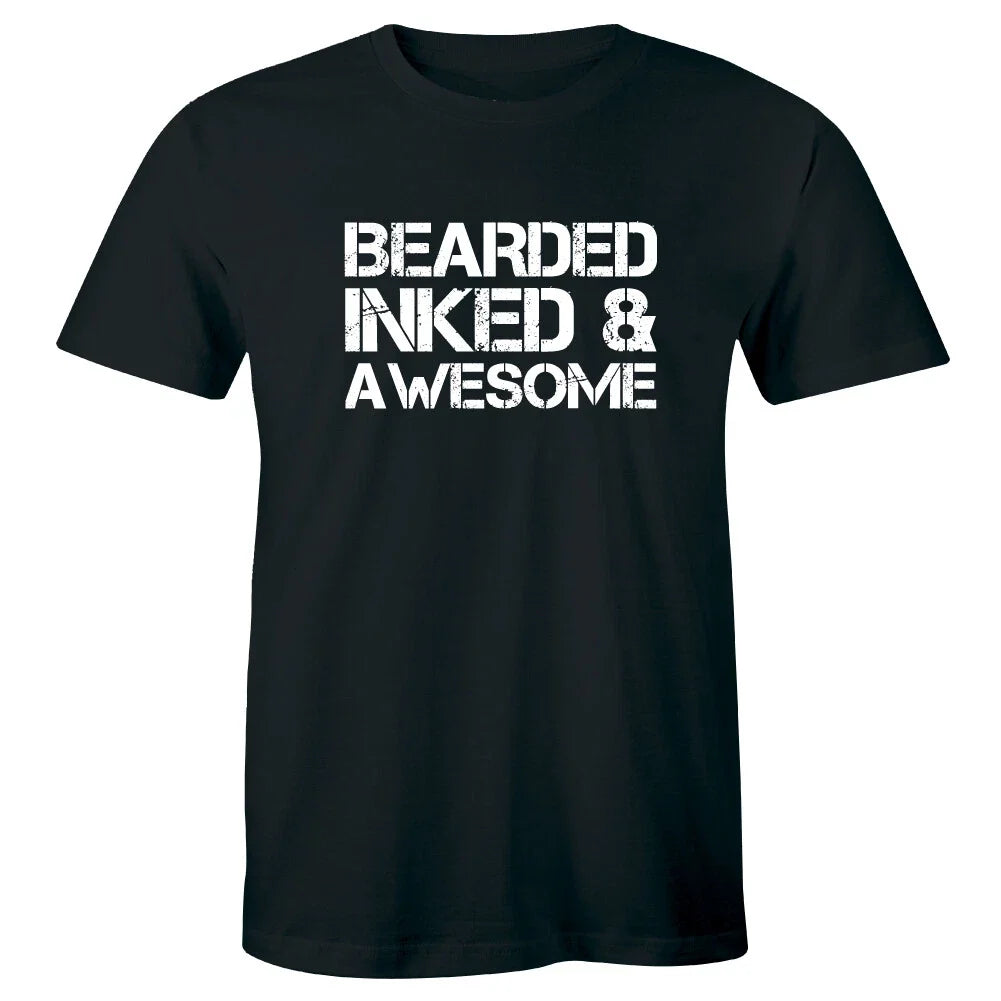 Bearded Inked and Awesome Crew Neck T-Shirt for Men Tattoo Lover Tee