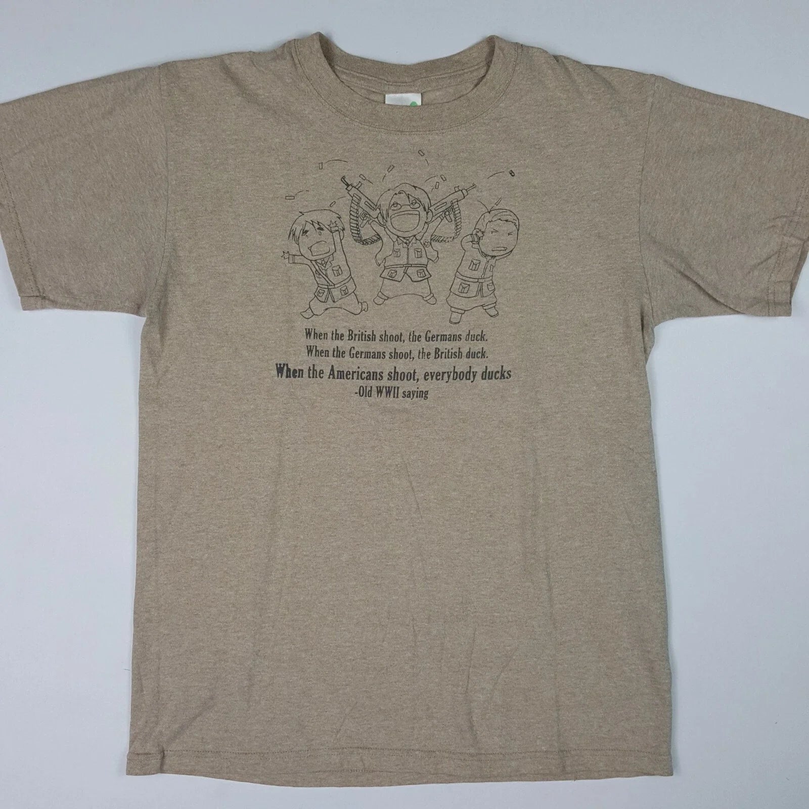 Anime Chibi Funny American War WWII Parody Quote Men's Size Medium T Shirt Brown