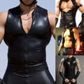 Stylish PU Leather Sleeveless Zip up T shirt for Men's Party Club Stage Costume
