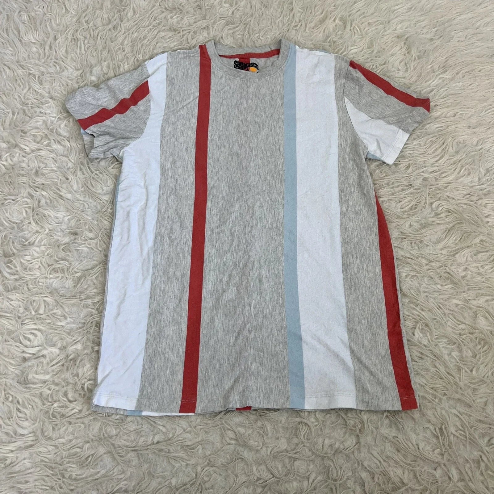 San Francisco Work Shirts T Shirt Gray Blue White Vertical Stripe Short Sleeve M