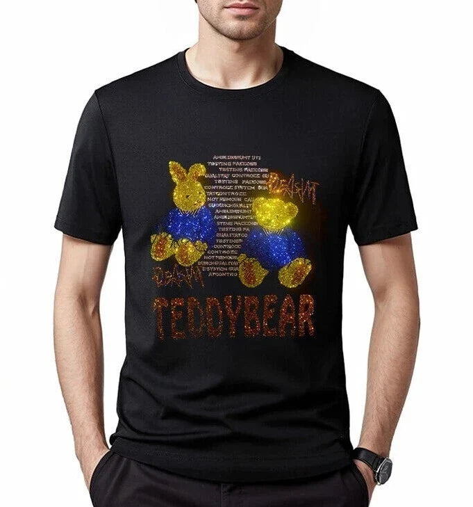 New Fashion Diamond Rhinestones Bear Luxury Men Black T-Shirt High Quality