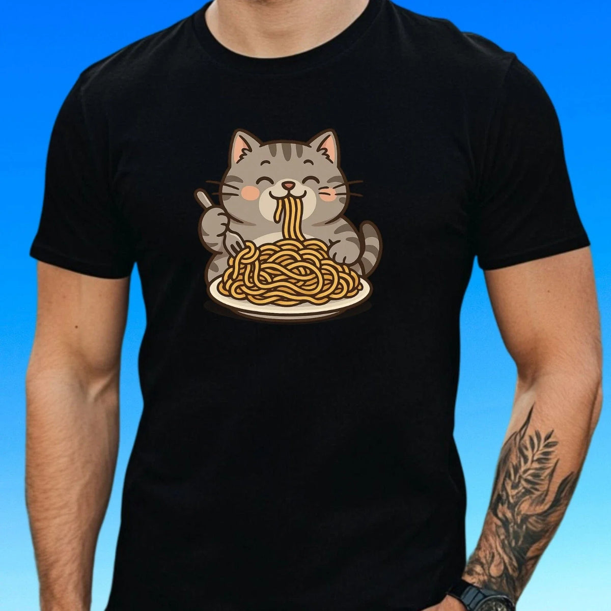 Mens Spaghetti Cat Print Cotton T-Shirt Size XS to 5XL