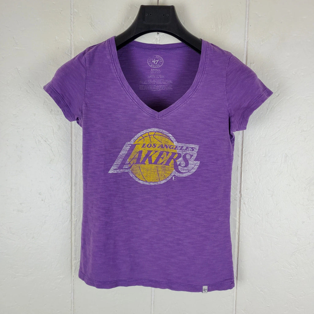 Los Angeles Lakers Shirt Men's Small Purple Graphic V Neck Short Sleeve Stretch