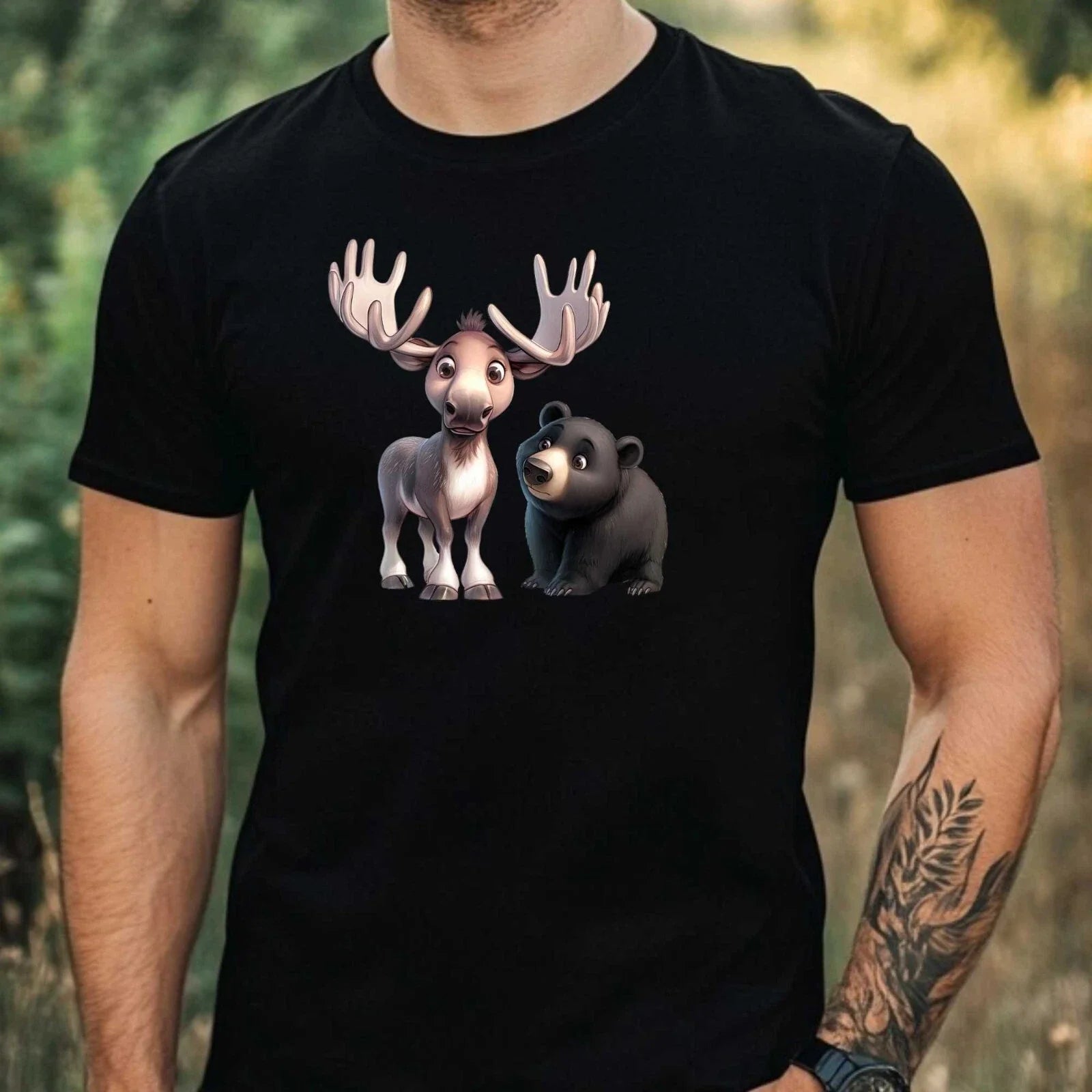 Mens Moose and Bear Print Cotton T-Shirt Size XS to 5XL