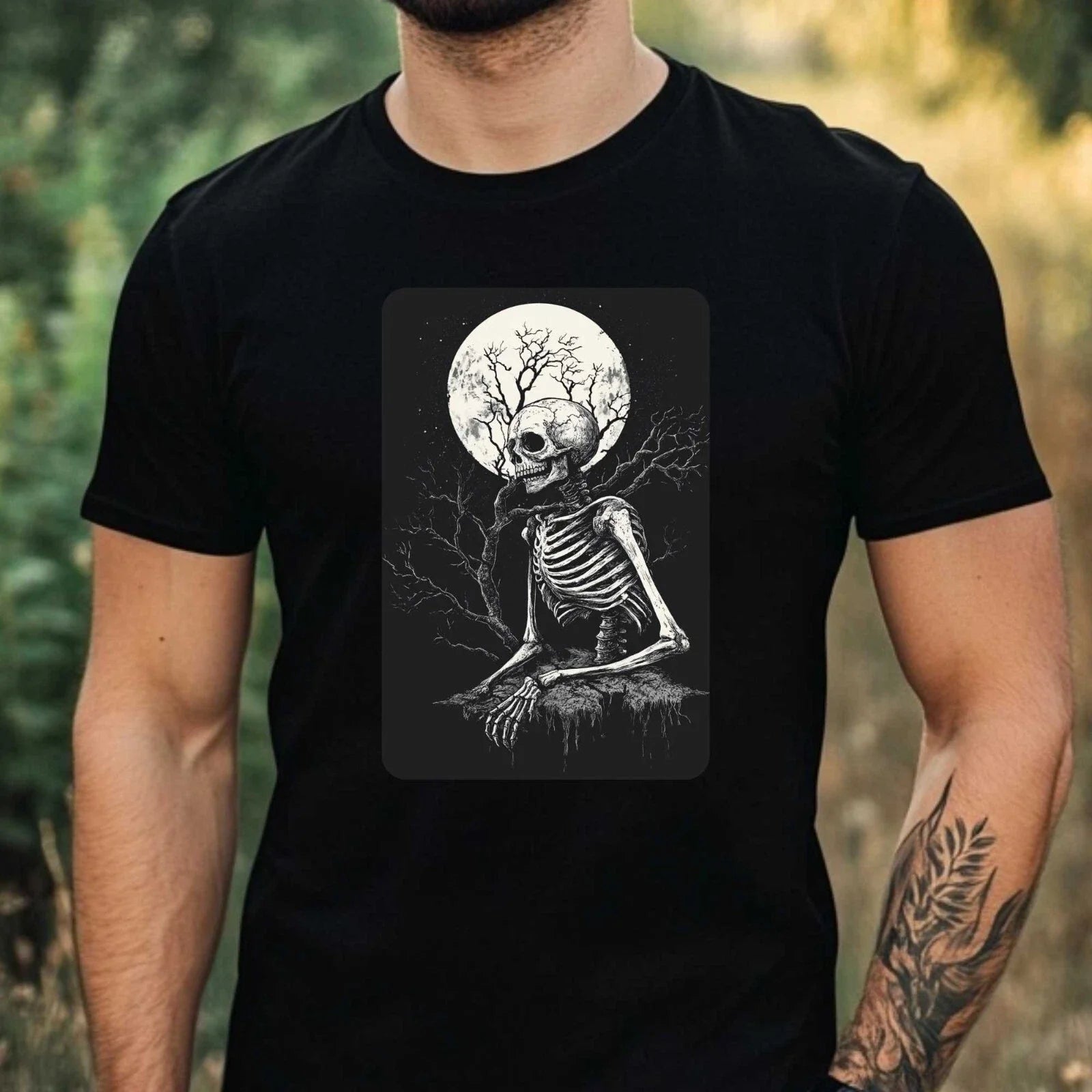 Mens Skeleton at Full Moon Motif Cotton T-Shirt Size XS to 5XL