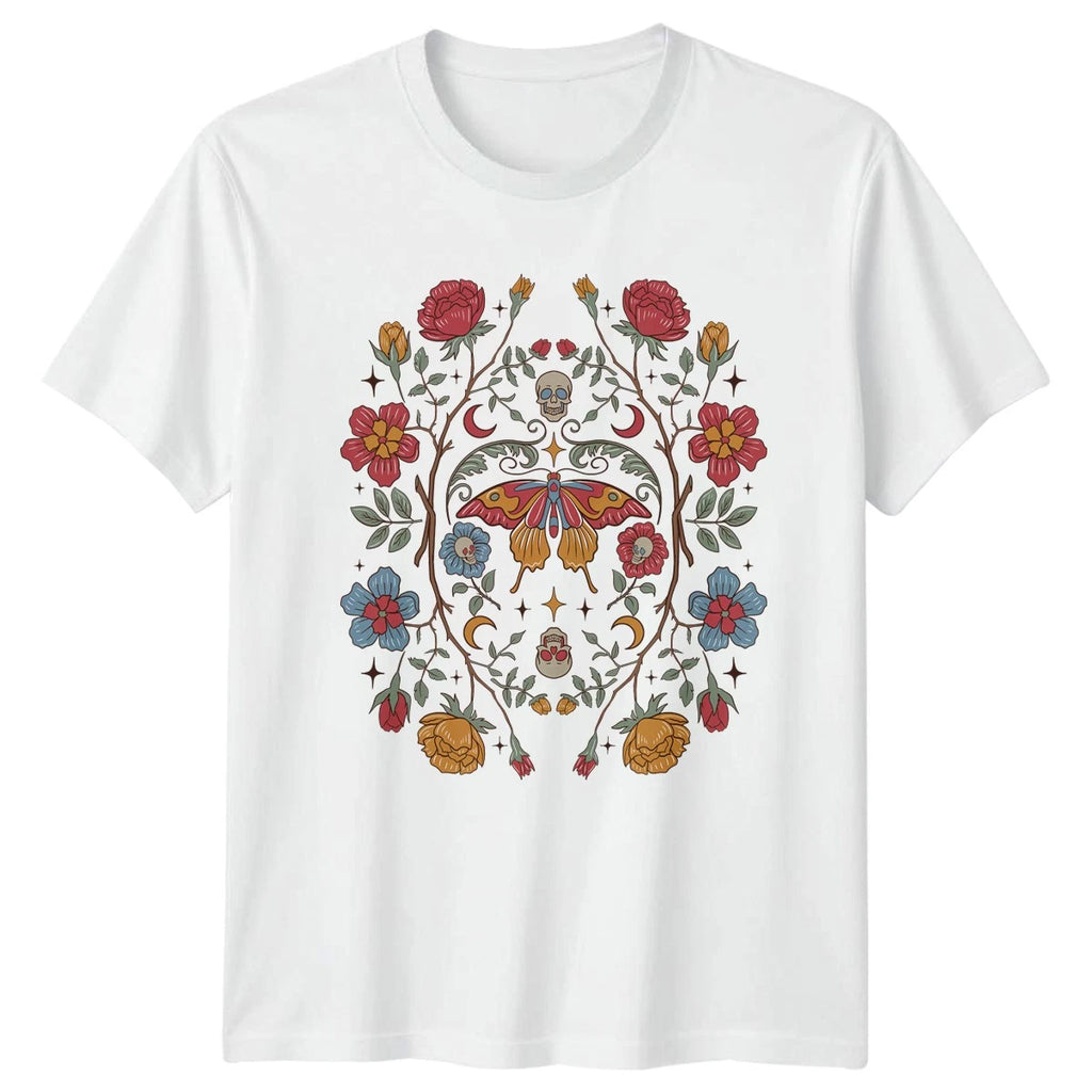 Stylish Butterfly Floral Skull Aesthetic Womens T-Shirt Birthday Gift For Her