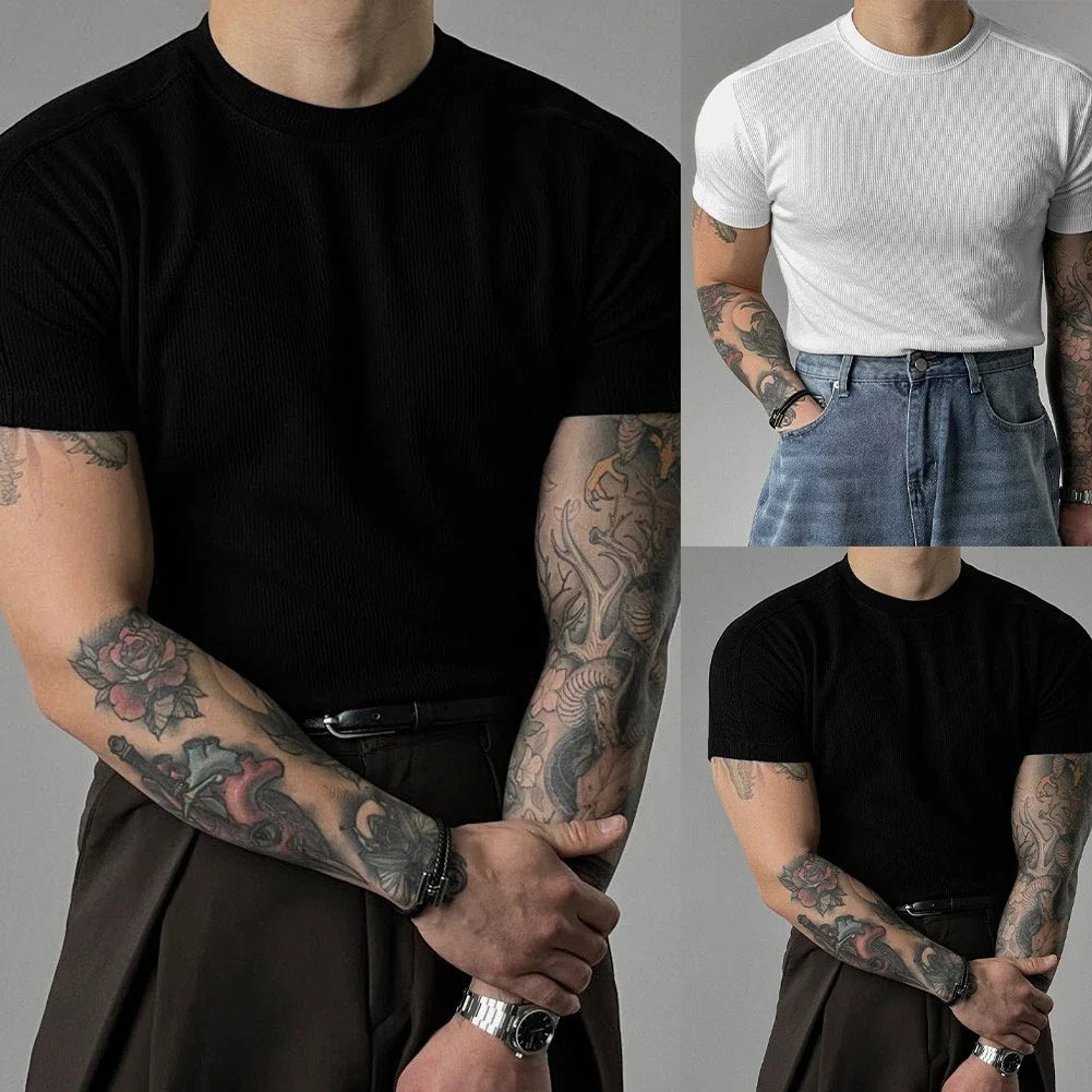Short Sleeve Men Fitness Tee Slim Athletic Tee Small High Collar Ribbed Texture