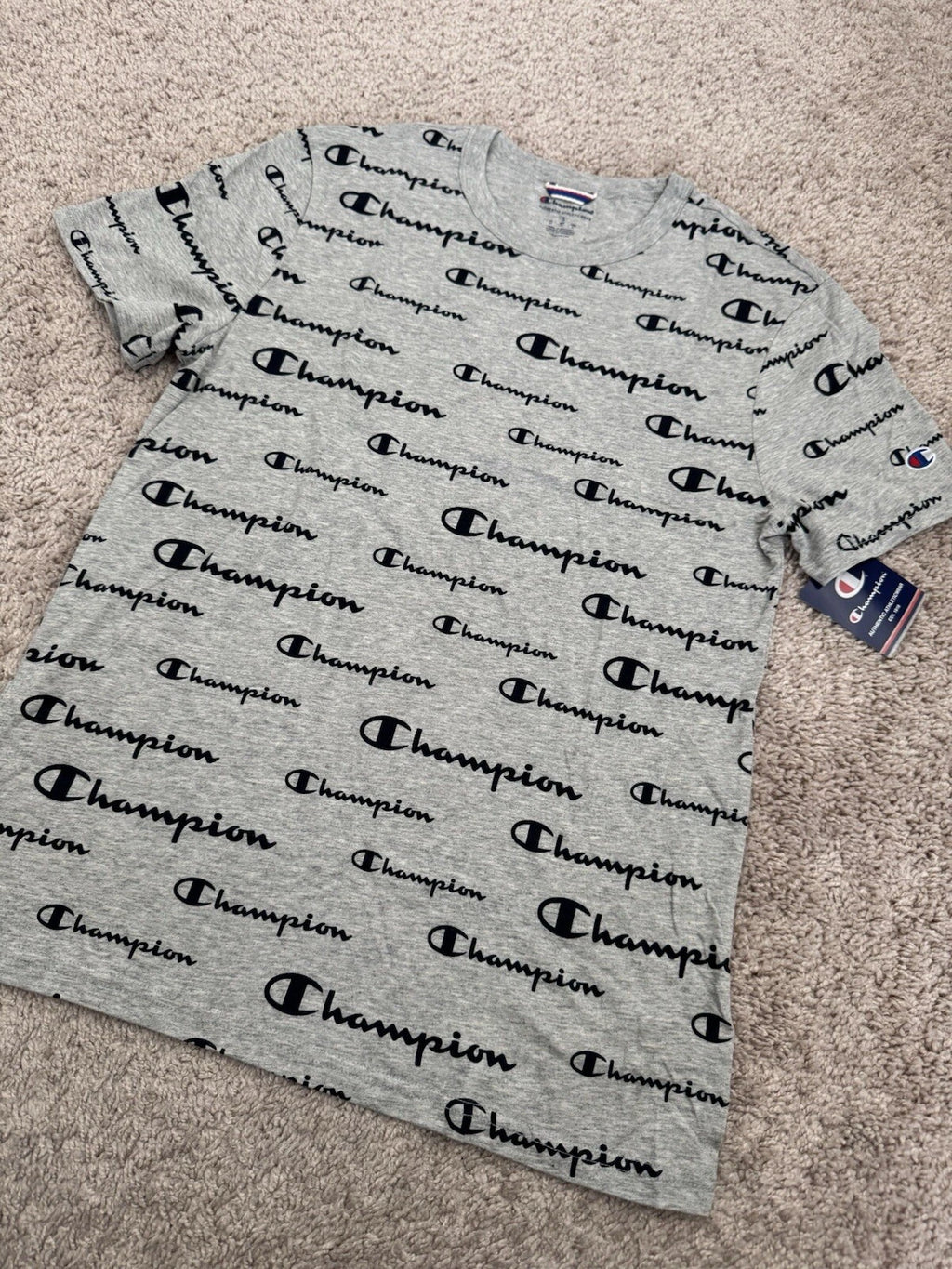 NWT Champion Gray/Black All Over Print Logo Short Sleeve T-Shirt Mens Size S