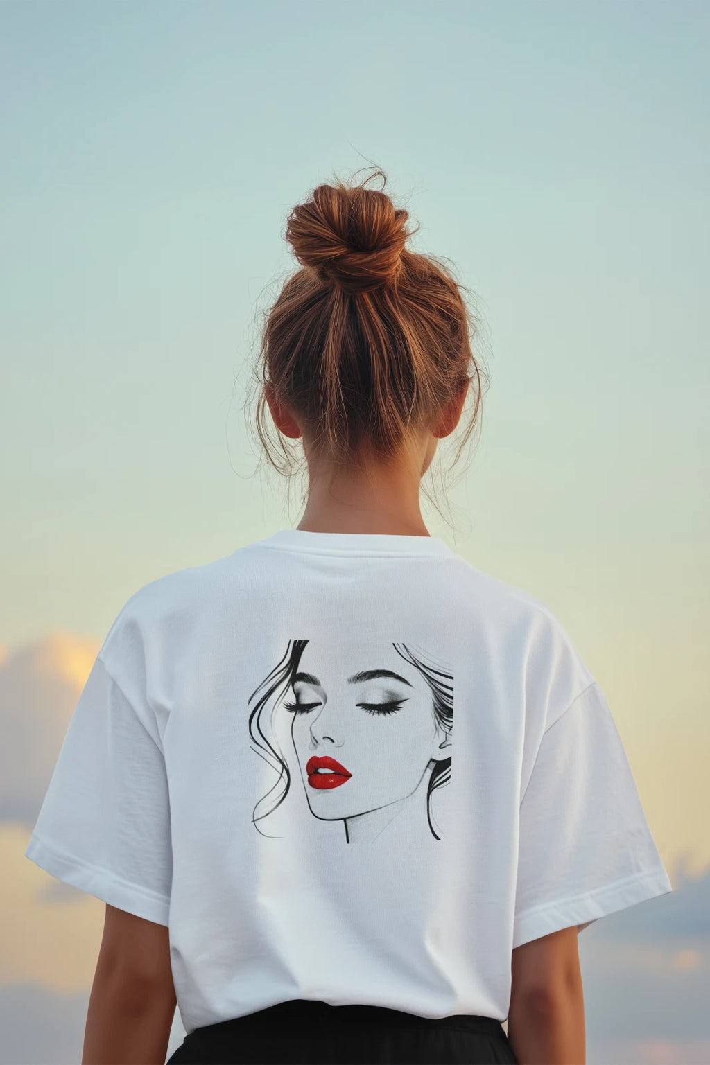 Modern Feminine Portrait Shirt White Graphic Tee with Red Lip Art Line Drawing