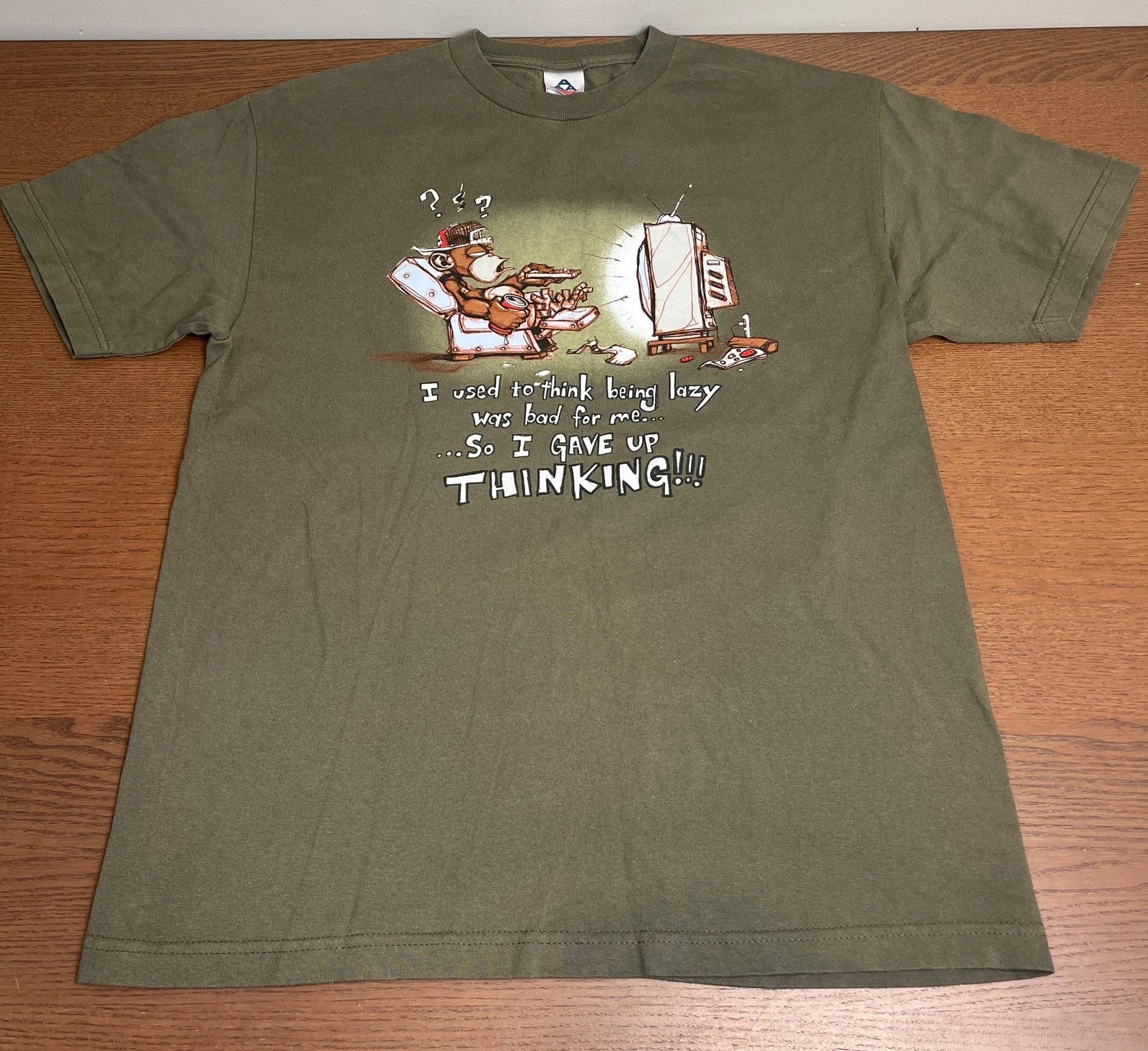 Alstyle Funny Monkey Lazy Graphic T-Shirt Men's L Olive Green Crew Neck Tee